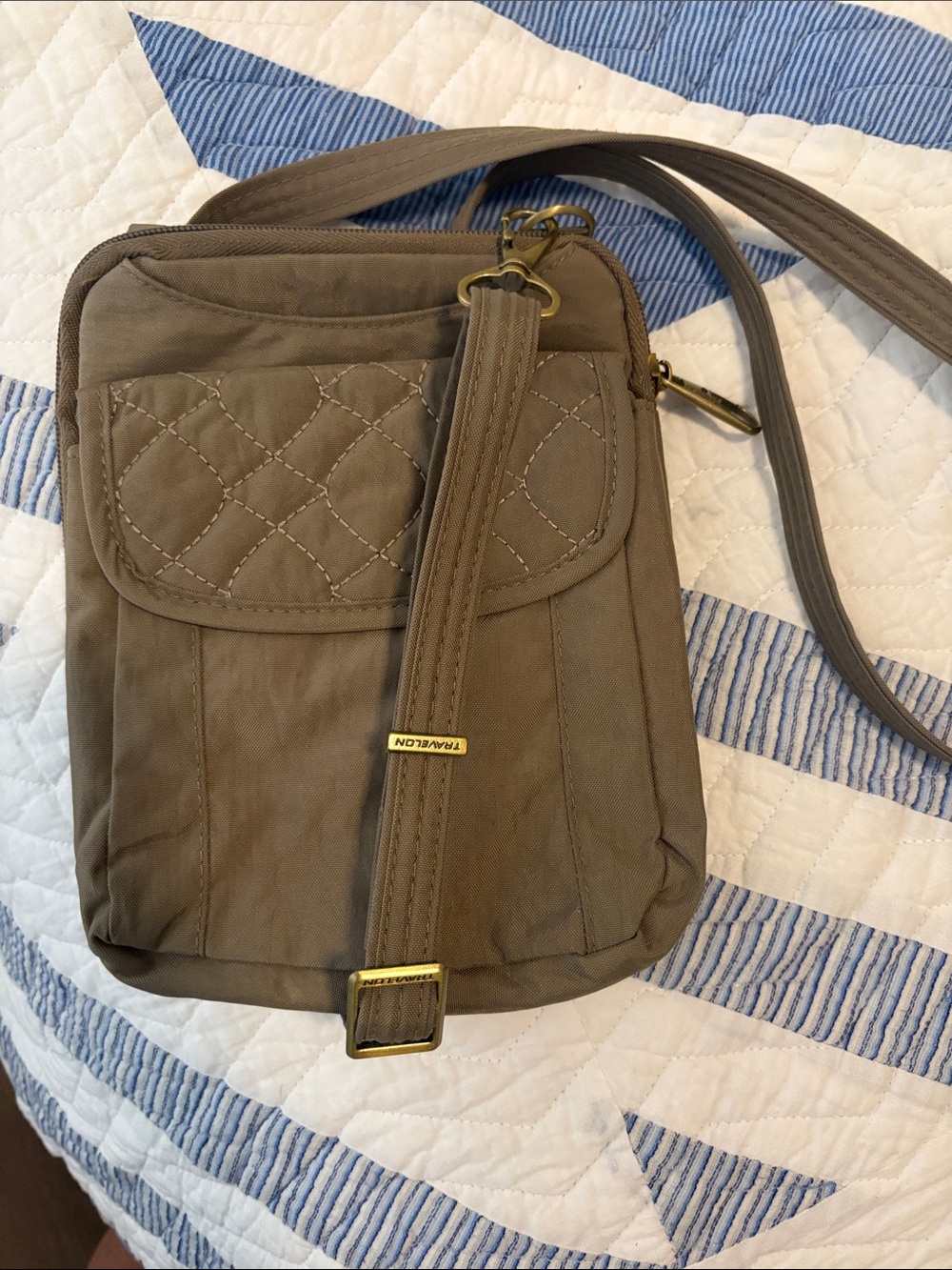 Travelon Taupe Crossbody Travel Bag with Quilted Flap